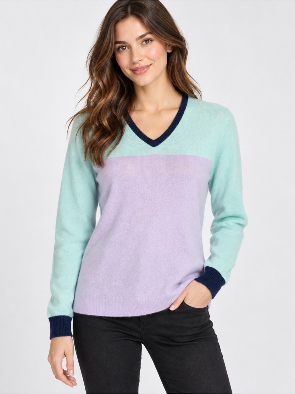 LANDSEND Women's Cashmere VNeck Sweater, Colorblock